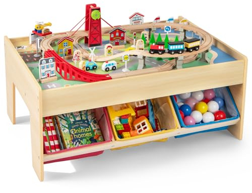 INFANS Train Table with Storage, 94 Pieces Wooden Kids Activity Toy Table with 3 Foldable Boxes Reversible Detachable Tabletop, Tracks, Train, Railway for Boys Girls Ages 3+ (with Cloth Drawer)