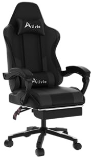 Alivio Ergonomic Gaming Chair with Massage Lumbar Cushion & Retractable Footrest, 360° Recline & Swivel Breathable Leather Office Massage Chair, PU Leather Video Game Chair (Black)