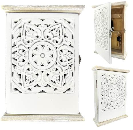 CnosDB SchlüSselkasten Holz, Hohle Blumen SchlüSselschrank Vintage mit 6 Haken 26 X 20 X 6cm Zur Aufbewahrung Von SchlüSseln Kleinen GegenstäNden Geeignet für Eingangsbereich Wohnzimmer