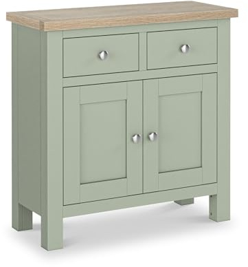 RoselandFurniture Farro Sage Green Mini Sideboard Cabinet for Living Room | Fully Assembled, 2 Door Buffet Cabinet with Washed Oak Top, Painted Finish, Cottagecore Style, H75cm W75cm D32cm