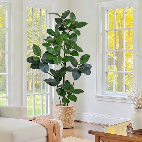 6FT Artificial Green Rubber Tree - 72 Faux Trees Indoor with 70 Lifelike Vivid Leaves and 10 Heads, Tall Fake Potted Plant for Home Office Living Room Decor Housewarming Gift