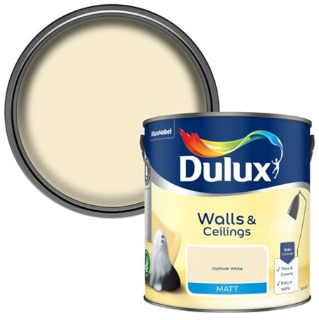 Dulux Walls & Ceilings Matt Emulsion Paint, Long-Lasting, Easy-To-Apply, Quick Drying, Perfect For Living Rooms, Bedrooms, Hallways, Kitchens, Indoor & Outdoor Use, 2.5L, (Daffodil White)