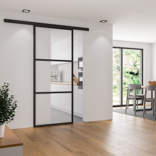 Schulte Kit porte coulissante Loft Industriel aluminium verre transparent + rail H.220 x l. 102 cm, porte coulissante intérieure vitrée