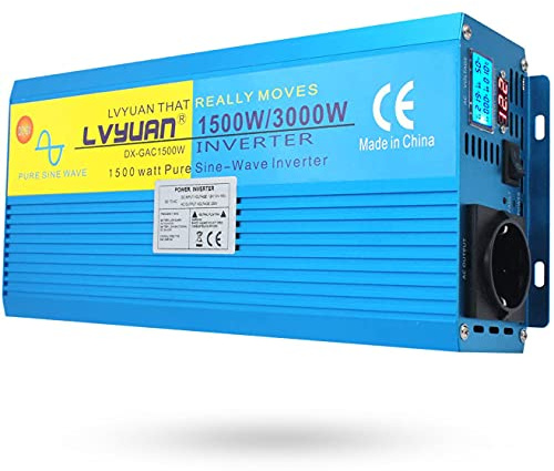 Yinleader Inversor Onda Sinusoidal Pura 1500W Transformador De 12v A 230v 3000W, Inversor De Corriente con 1 Toma Enchufe Y LCD para Coche Caravana Barco cámping de Viaje