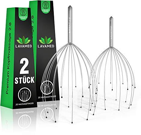 LAVAMED® Masajeador para la cabeza con 20 alambres - rascador metálico en forma de araña para el cuero cabelludo - antiestrés & relajante (Juego de 2)