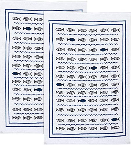 Erwin Müller Geschirrtuch Frottier, Küchentuch, Trockentuch im 2er-Pack mit Druckmotiv Fische Fische weiß Größe 45x70 cm - strapazierfähig, saugstark, bügelfrei, 100% Baumwolle