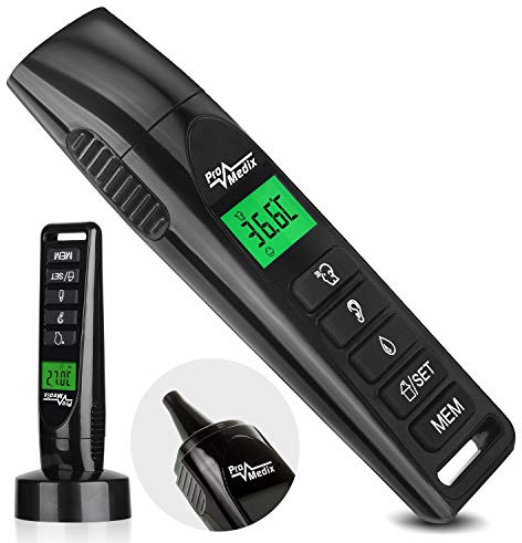 ProMedix PR-638 Digitales Berührungsloses Infrarot-Thermometer mit Ständer 4 in 1 Stirn Ohr Objekt und Raum LCD-Display