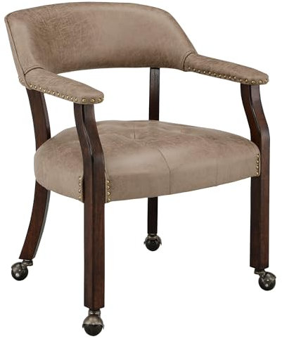 LEEMTORIG Große Esszimmerstühle mit Rollen und Armlehnen, rollbare Esszimmerstühle mit Rollen, Akzent-Holzstühle, 66 cm T x 64 cm B x 80 cm H, Espresso-Beine und gelbbrauner Stoff SY-318-LT