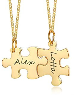 FLHEART Personalised Best Friend Necklace - Customised Stainless Steel Puzzle Name BFF Necklace for 2, Gold Jigsaw Matching Necklaces for Women Girls, Friendship Necklace Gifts for Birthday Christmas