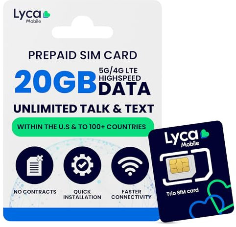 Lycamobile 90-Tage-Prepaid-SIM-Karte für Mobiltelefone, 20 GB Highspeed-4G-LTE/5G-Daten, Internationale Gespräche und SMS in über 100 Länder, schnelle Aktivierung, 3-in-1-Dreifachschnitt