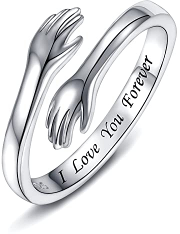 925 Sterling Silber Umarmungsringe für Frauen, I Love You Forever Love You Mutter Geschenk Schwester Geschenke Gravierte Worte Umarmung Hände Offener Ring (I love you forever)
