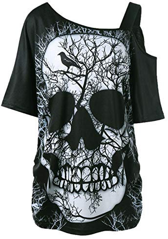 One Shoulder Shirt Damen Totenkopf Motiv 3D T-Shirt Damen Skelett Shirt Bluse Mode One Shoulder Tshirt Hemd Sommer Frauen Hemdbluse Tunika Lose Longshirt Oberteile Tops Loose Fit
