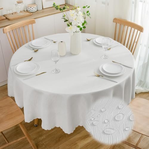 Runde Jacquard-Tischdecke 160 cm, Waterflow-Muster, Weiß | Wasserabweisendes Finish, Maschinenwaschbar, Weiche Jacquard-Struktur, Pflegeleichtes 100% Polyester, Essen und Feiern
