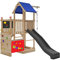 Spielturm Alex 232 - natürlich Lärche - mit Kletterwand, Feuerwehrstange, Kreidetafel, Kletterseil, Kaufladen und Rutsche grau