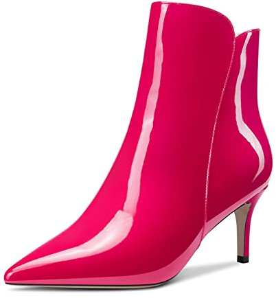 Aachcol Donna Stivaletti Chiusa a Punta Slip-on Spillo Medio Tacco Heel Verniciata Cerniera Magenta Rosso C 6 CM 43 EU