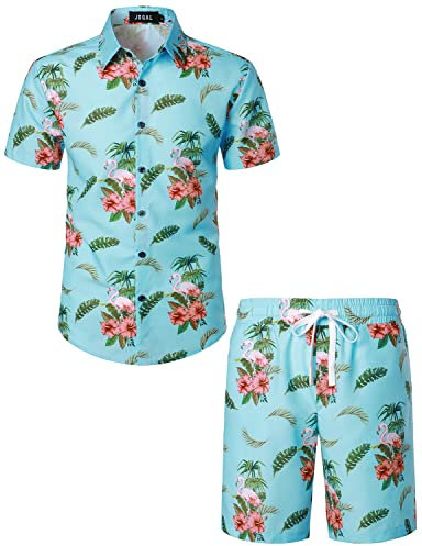 JOGAL Herren Hawaii Hemd Männer Flamingo Kurzarmhemd und Kurze Hose Set Strand Outfit Sommerhemd Für Mann Blau Klein