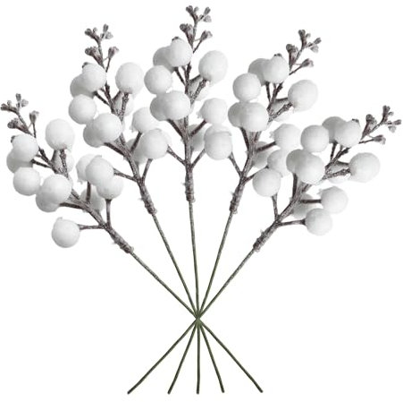 VEYLIN 20 cm Artificial Berry, 16 Pcs Glitter White Artificial Berries Stems for Christmas Tree Ornaments, DIY Xmas Wreath, Crafts, Holiday and Home Decor