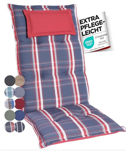 gardisun Gartenstuhlauflagen Hochlehner mit Kopfteil I Extra Dicke Sitzauflagen I Made in Europe I Polsterauflagen für Hochlehner I Auflagen mit extra hohem Komfort I 6er Set I Blau-Rot-Kariert