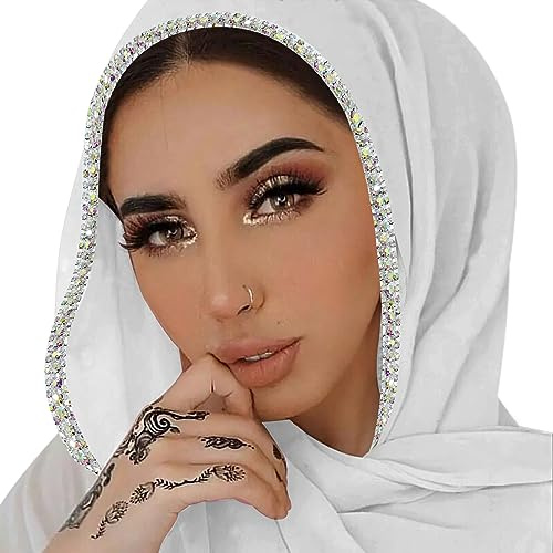 ANKOMINA Frauen Soft Chiffon Strass Lange Schal Schal Mode Muslim Hijab Kopf Wrap Schals, Weiß (silberfarbener Strass), Einheitsgröße
