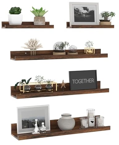 Giftgarden 60cm Lang Wandregal Holz, Braun Kleine Schweberegal Bilderleiste für Wohnzimmer, Küche, Kinderzimmer, Schlafzimmer oder Büro - 5 Stück mit Verschiedenen Größen