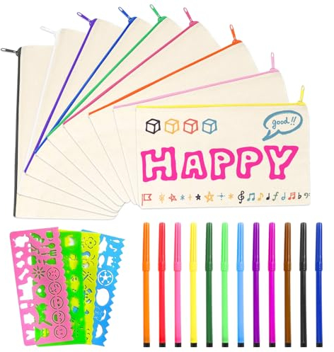 DOWNDRIFT Stoff Federmäppchen,9 Stück DIY Blanko Stoffbeutel Stoffbeutel zum Bemalen Kindergeburtstag Basteln Taschen zum Bemalen mit 12 Farbigen Stiften Federmäppchen zum Bemalen