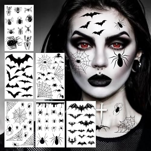 6 Blatt Gesichtstattoo Karneval, große Größe Spinnen Fledermaus Tattoo Gesicht, Erwachsene Kinder Halloween Fasching Tattoo Hexen Zubehör für Karnevalsschminke Halloween Masquerade