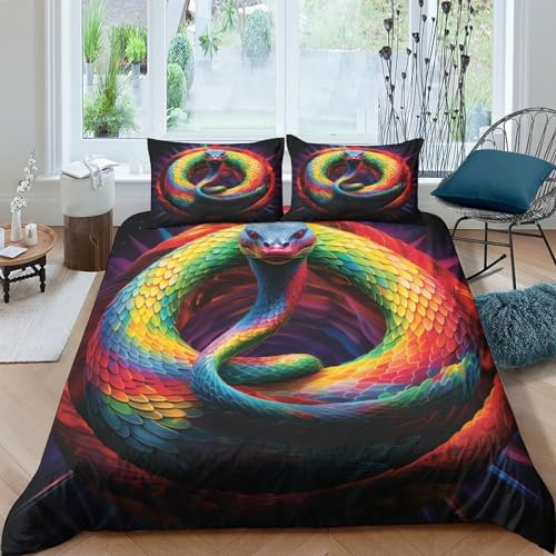 AAHARYA Bunte Schlange 3D Kobra Bettwäsche Sets Bettbezug Blatt Kissenbezüge Microfaser,für Erwachsene Kinder Double(200x200cm)