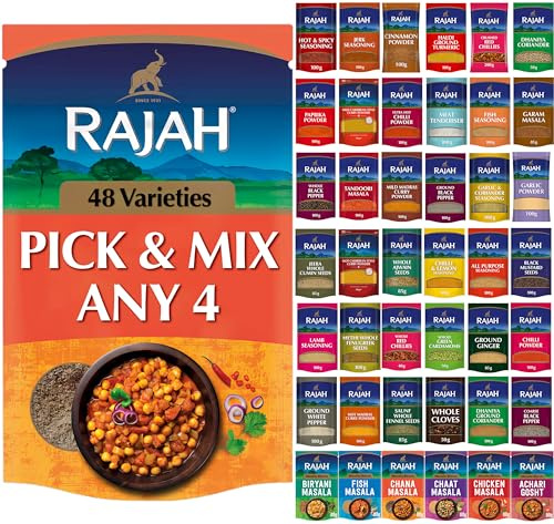 Rajah Spices Custom Selection - Choose Your Favourite 4 Spices Bundle - Choose From Ground Spices, Whole Spices, Masala Blends, Seasonings and Curry Powder