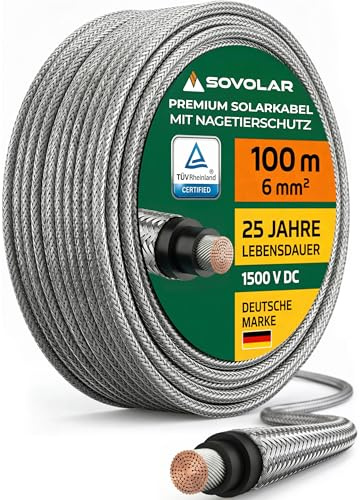 SOVOLAR Câble solaire 6 mm² 100 m TÜV - Câble PV noir H1Z2Z2-K résistant aux UV avec tresse en acier inoxydable - Pour photovoltaïque - 0 % TVA pour les clients privés