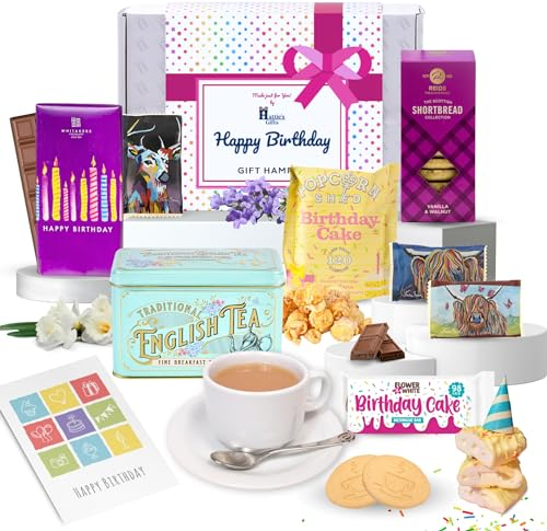 Birthday Afternoon Tea Hamper for Her by Hattie's Gifts - Vintage Victorian Tea, Shortbread Biscuits, Birthday Cake Meringue, Milk Chocolate, Gourmet Popcorn & Card