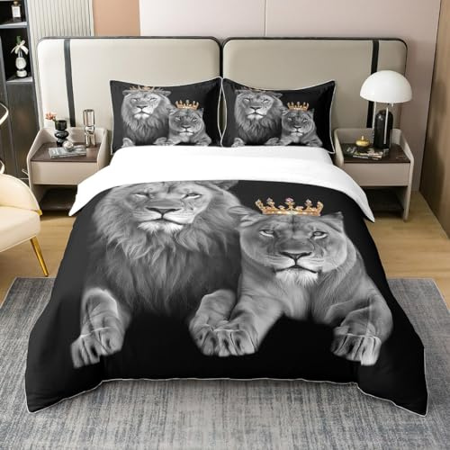 100% Baumwolle Wild Grey Lion Bettbezug 135x200 für Erwachsene Teens Kinder Crown Lion Paar Bettwäsche Set Lion King Tröster Abdeckung Afrikanische Safari Tier Bett Set,Schlafzimmer Dekor