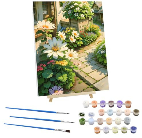EOBROMD Peinture par Numero Adulte Chemin de Dalles,Kit de Peinture à l'huile sur Toile Bricolage avec Cadre en Bois et Chevalet, Fleurs Peinture Sans Plis Toile pour Décoration de la Maison 30x40cm