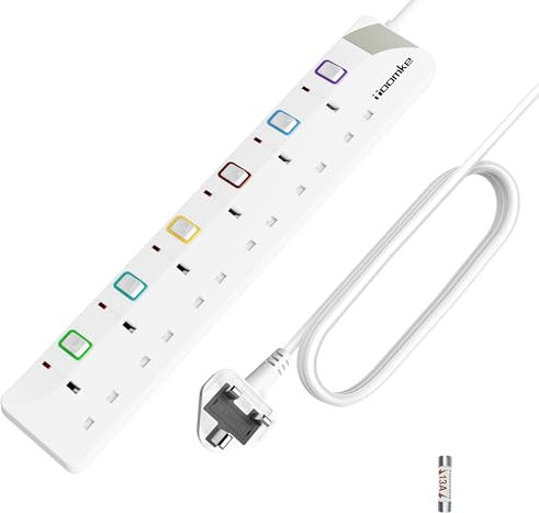 10M Extension Lead with Individual Switches and Indicator Lights, 6 Way Multi Plug Power Strip 10 Meter Long Extension Cord UK Plug 13A 3250W for Home Office