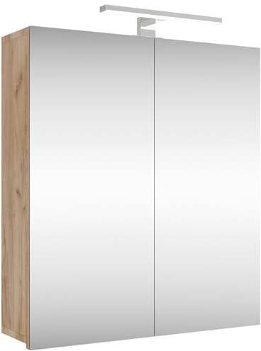 Planetmöbel Merkur Spiegelschrank Bad mit Beleuchtung 60 cm breit | Badschrank hängend mit Spiegel | Chrom LED Beleuchtung | Gold Eiche