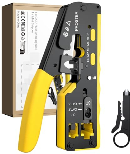 Proster Pinza Crimpatrice RJ45 Professionale Pass Through Multifunzione Spelafili per Cavo Rete per Connettori Strumento Crimpatura per RJ45 CAT5 CAT6/CAT6A e CAT7 RJ45 Kit Crimper Ethernet-giallo