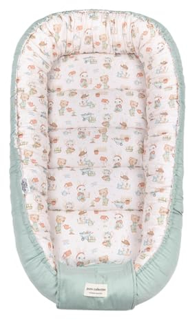 Ander Babynest Olivier - Nestchen Baby Salbei Farben - Gemütliches Babynestchen Neugeborene - 100% Baumwolle Kuschelnest - Kindernest in der Größe 85 x 50 cm - Bequem und sicher