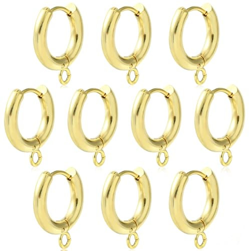 BEEFLYING 10 pcs 201 Stainless Steel Huggie Earring Hoops 18 Gauge Real 24K Gold Plated Earring Hooks for DIY Earring Jewelry Making