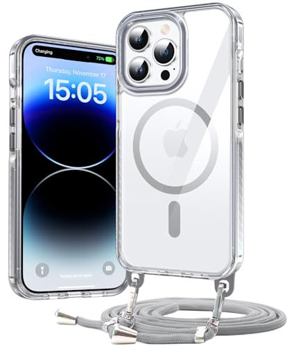 DOSNTO Umhängen Handyhülle für iPhone 14 Pro Hülle mit Magsafe [Abnehmbar Eckenschutz Handykette] Durchsichtig Magnetisch Dünn Case Military Stoßfest Hart Clear Schutzhülle mit Farbig Band Frau Mann