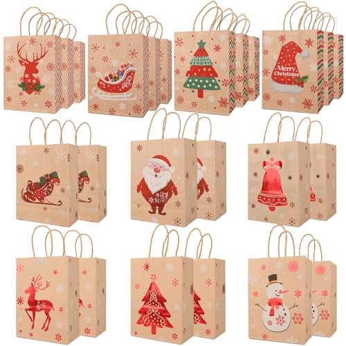 SENTAIMAO Xmas Kraft Gift Bags,24Christmas Gift Bags with Handle for Xmas Gift Wrapping Christmas Party Supplies