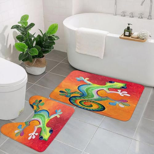 EYLOZS Badezimmerteppich Set 2 Teilig Waschbar rutschfeste Badematte Toilettenmatte Weich Saugfähige Badteppiche,grün orange blau gelb Chamäleon