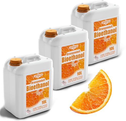 ZIVELA Bioéthanol 96,6 % 30 l | Alcool bio parfum orange 96,6 % 3 x 10 l | Cheminée au bioéthanol | Parfum orange | Combustion propre, sans fumée, flamme vive et stable