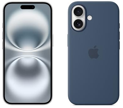 Apple iPhone 16 (256 GB) - Blanco + Funda de Silicona con MagSafe - Denim