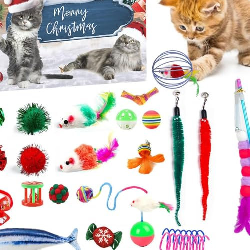 Adventskalender Für Katze 2024, Katzen-Adventskalender, Katzenspielzeug Weihnachts Adventskalender, 24 Stück Weihnachts-Katzenspielzeug, Interaktives Kätzchenspielzeug Weihnachts Countdown Katze