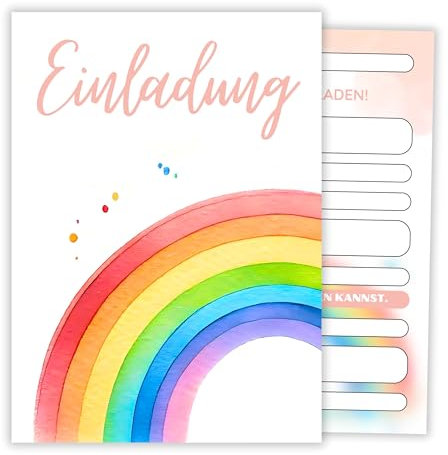 HIDEBLOOM Regenbogen Einladungskarten Kindergeburtstag Mädchen I 12 Stück I DIN A6 (10,5 cm x 14,8 cm) I Einladungskarte Kinder Geburtstag I Kinderparty I Geburtstagseinladungen