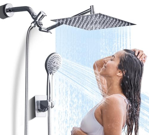 10 Rain Shower Head with Hand Spray Combo - 5 Spray Modes, High Pressure Rain Showers, Overhead Shower, Anti-Clog Nozzles, Air-in, Flexible Extension Arm, Chrome Plated and Brass