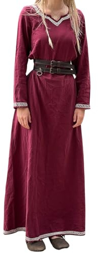 Leonardo Carbone® Damen Kleid Wikingerkleid Brigida | Handstickerei | V-Ausschnitt | Karneval, Halloween, Cosplay, LARP, Mittelalter, Wikinger, Kostüm | 100% Baumwolle Rot 3XL