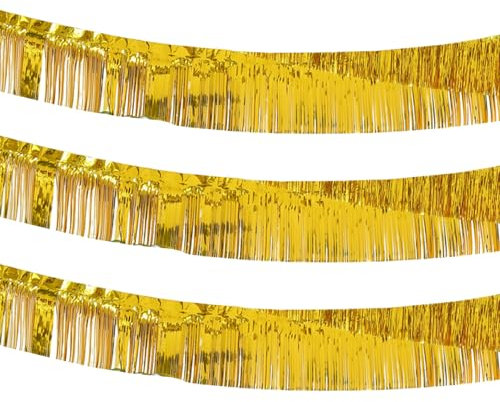CAIJ 3 Stück Lametta Girlande, 300 x 30cm Metallic Folien Fransen Girlande Gold Lametta Gold fur Party Deko Geburtstag Deko Hochzei
