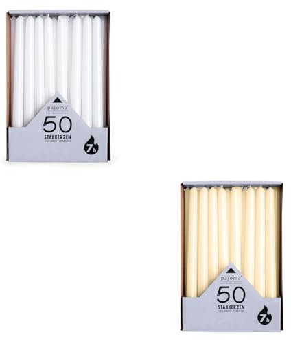 pajoma® Stabkerzen Weiß, Cream 2x 50 Stück | Höhe 25 cm, Brenndauer ca. 7 Stunden | Duftfrei, vielseitig einsetzbar für Kerzenhalter, Deko & festliche Anlässe