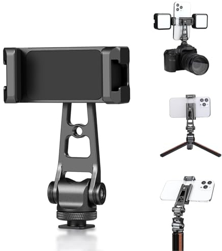 PULUZ Mobile Phone Holder Tripod for Smartphone LED Lights Microphones etc | Metal Phone Clamp with1/4 Thread, 180° Tilt, 360° Rotation for Smartphone, Selfie Stick, Camera Stand, Tripod