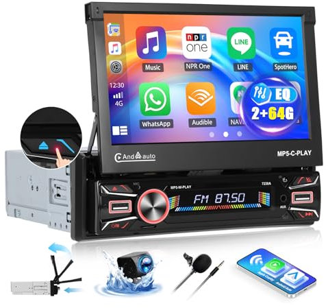 OiLiehu 2G+64G Android 13 Autoradio 1 Din avec CarPlay Android Auto sans Fil, 7“ Électrique Retractable Écran Tactile avec GPS WiFi Lien Miroir Bluetooth FM/RDS EQ USB AUX TF SWC Caméra de Recul